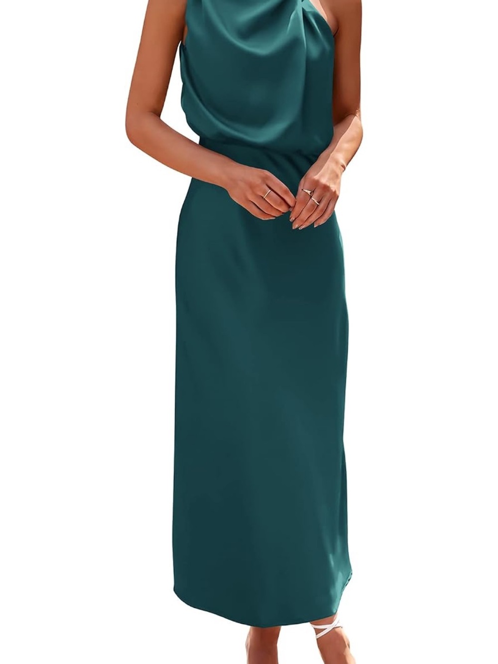 One-Shoulder Cowl Satin Maxi Dress in Teal